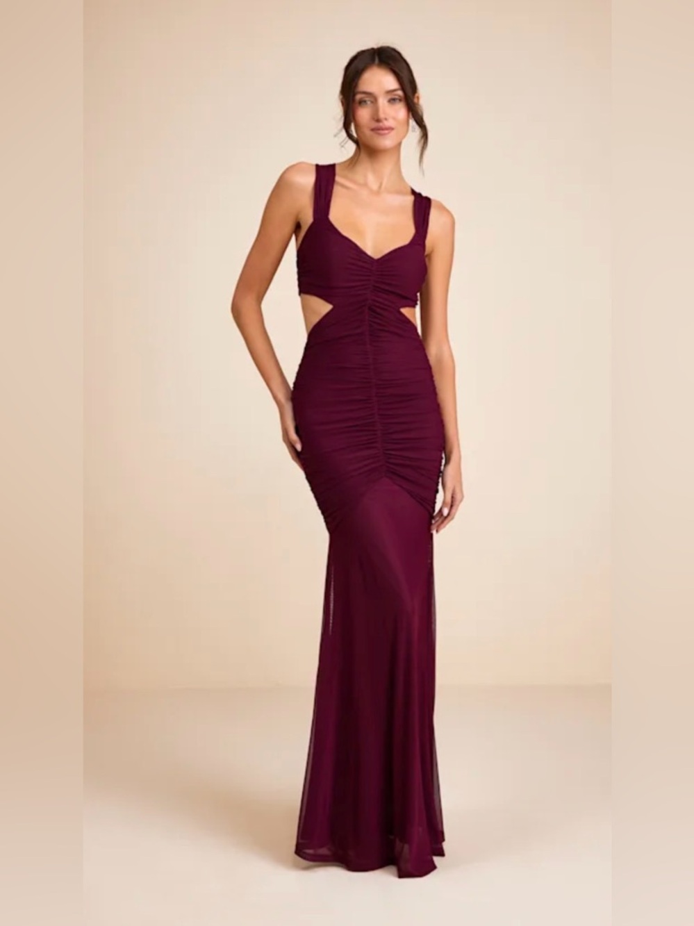 Lulus Prestige Plum Mesh Ruched Mermaid Maxi Dress Purple - Size S